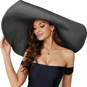 Oversized Black Beach Straw Large Wide Brim Visor Handmade Hat Size 5-7 1/4